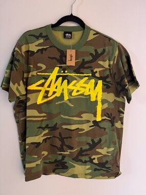 Stussy Green Camo Tee with Yellow Logo